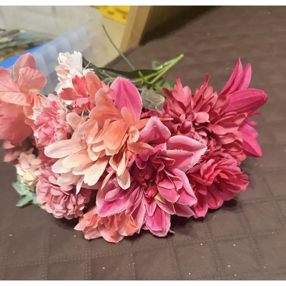 Large Lot / Box of Miscellaneous Artificial Silk Flowers - Bright Pink Shades